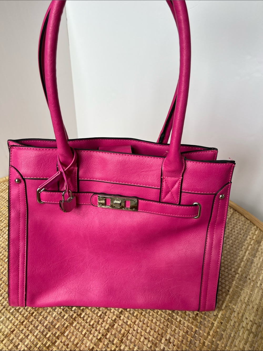 Y2K Style Hot Pink Structure Padlock Satchel Tote Silver Accents Barbiecore Elle